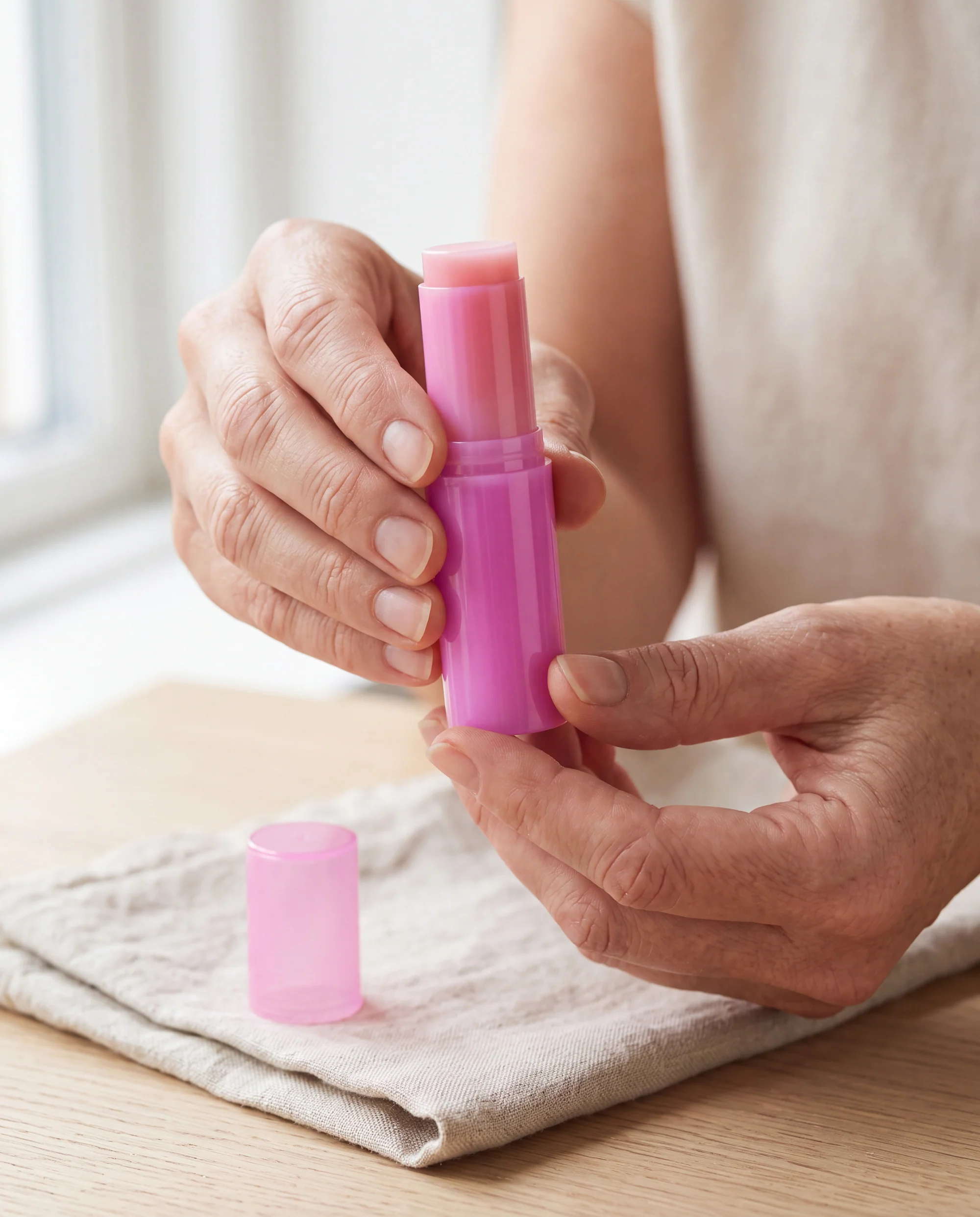 Två händer vrider upp den rosa balmen i ett ansiktsstift över en linneduk på ett ljust ekbord.