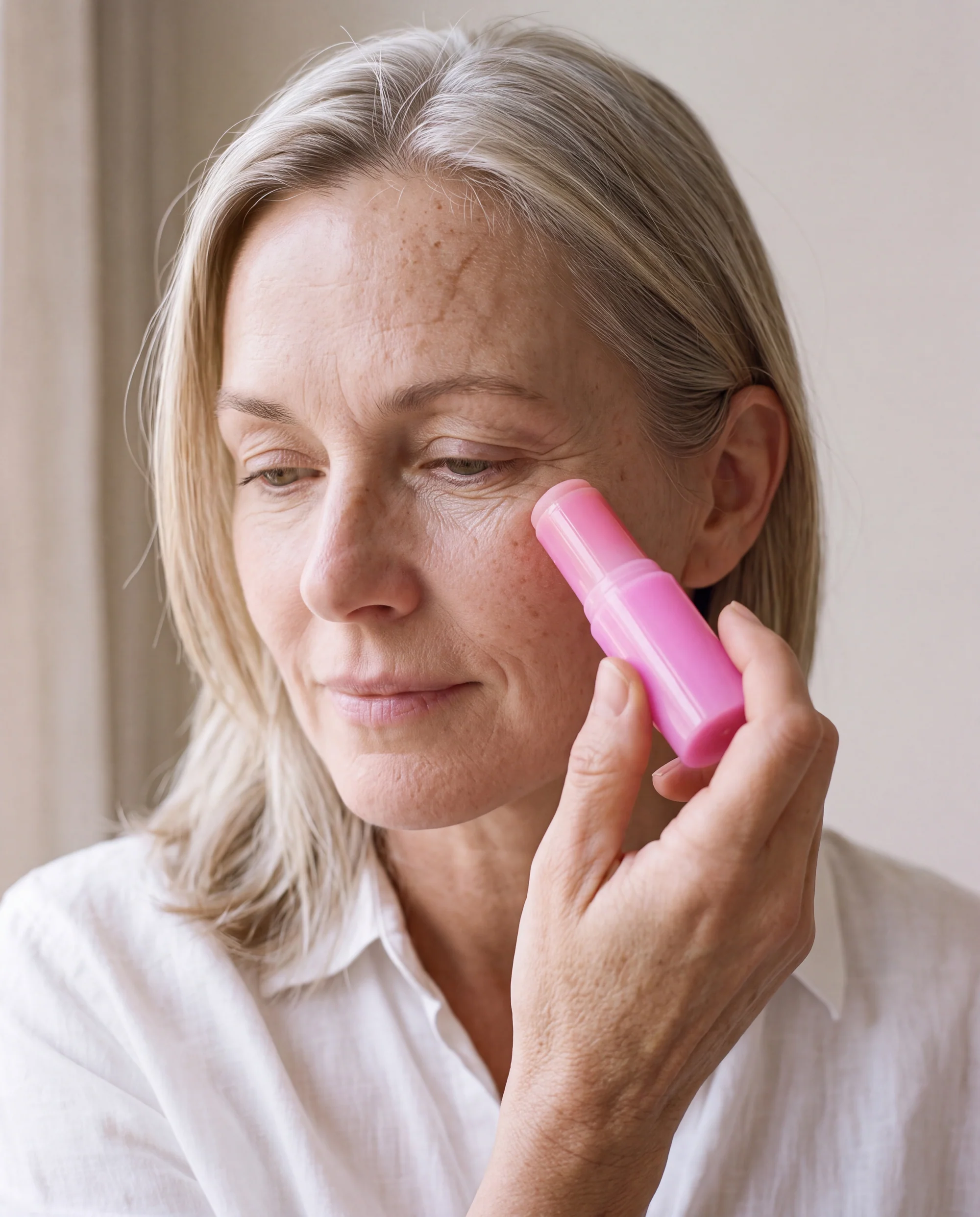 Kvinna med askblont hår och sänkt blick håller ett rosa ansiktsstift mot kinden.
